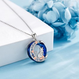 ONEFINITY Cat Necklace 925 Sterling Silver Cat Pendant Moon Necklace with Blue Crystal Cat Jewellery Cat Lovers Gifts for Women, Sterling Silver