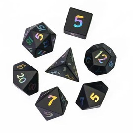 Stone Dice Set for Dungeons & Dragons DND (Obsidian Rainbow Numbers Stone)