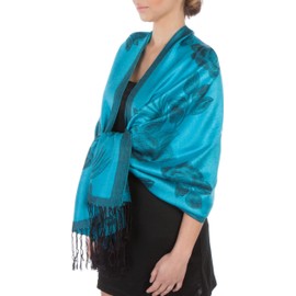 Sakkas Lightweight Two Tone Rose Floderal Design Pashmina Shawl / Stole (12 Colours), Turquoise / Black