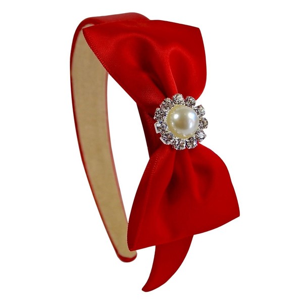 Satin Layered Bow Girls Arch Headband with Jeweled Pearl Center (Red)
