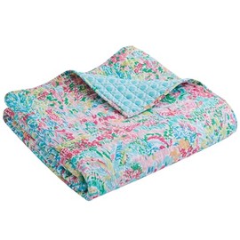 Levtex Home - Karolynna - Quilted Throw - 50x60in. - Floral in Teal Salmon Green Wild Berry - Reversible Pattern - Cotton Fabric