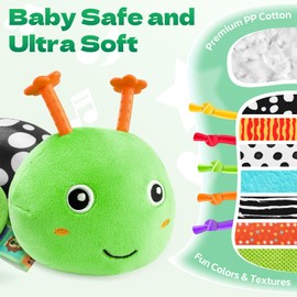 HEMRLY Baby Sensory Toy 0-6 Months, Musical Stuffed Caterpillar Plush with Teether, Crinkle, Rattle, Baby Mirror for Tummy Time, Infant Car Seat Toy for 0-3-6-12 Month Boys Girls Gifts - Knotted Green