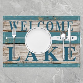 Lake Rules Decorative Table Place Mats, Welcome to The Lake Square Placemats for Dining Table,Lake House Decor Blue Table Mats for Kitchen Decor, 18"x12"