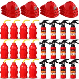 Liliful 36 Pcs Fireman Birthday Party Supplies Including 12 Firefighter Helmet 12 Fire Hydrant Cups with Lids 12 Fire Extinguisher Squirt Toys for Fire Theme Party Supplies