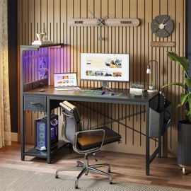 TIQLAB Gaming Desk 47 inch with Power Outlet and LED Light, Computer Desk with Reversible Shelves and Storage Drawer, Small PC Desk for Home Office Table with Bag, Carbon Fiber Black