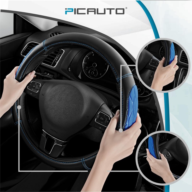 PIC AUTO Steering Wheel Cover, Blue Thick Rhombic Foam and