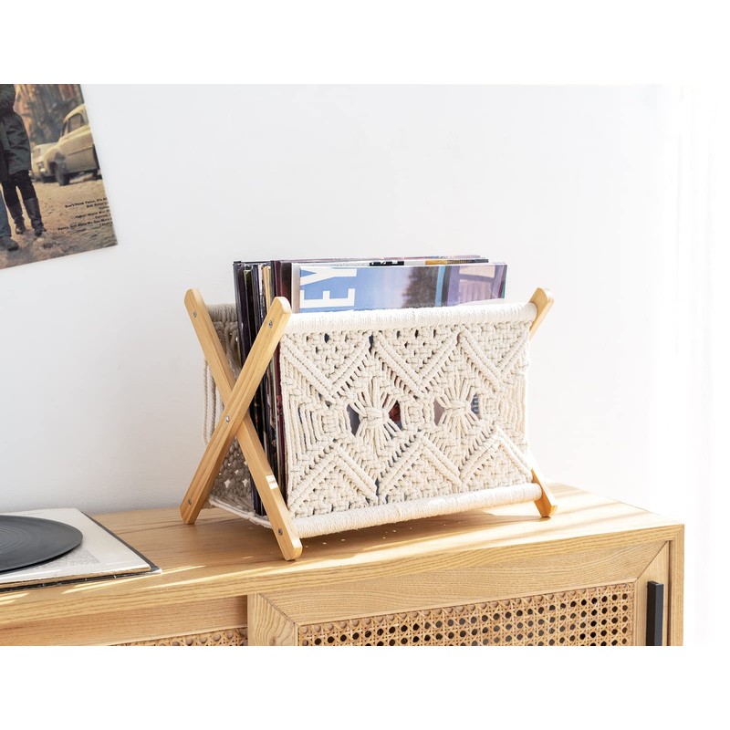 Mkono Macrame Magazine Rack Boho Storage Holder Standing Basket for