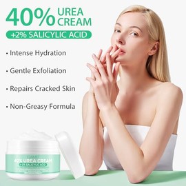 Crema de urea 40 por ciento para pies de máxima fuerza, crema de pies de urea 40% para talones agrietados secos, rodillas, codos - con 2% de ácido sal
