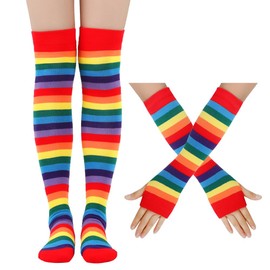 Yowzpe 2 Pair Women Fancy Rainbow Colorful Stripes Thigh High Socks Gloves Set Cosplay Accessories