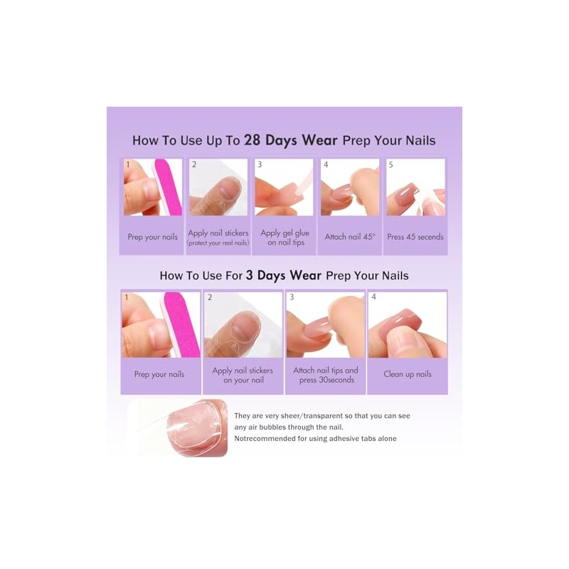 SXVME Uñas postizas acrílicas naturales con pegamento para mujer, uñas