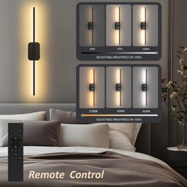 Yuichoy Battery Operated Wall Sconces Set of 2, Wireless Wall Lights with Remote Control, Black 30 Inch Modern LED Rechargeable Sconces, Wall Lamp Indoor