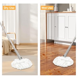 Self Wringing Mop for Floor Cleaning with 2 Reusable Heads, Easy Wringing Twist Mop with 51 Inches Long Handle and Top Scouring Pad, Wet and Dry Mops
