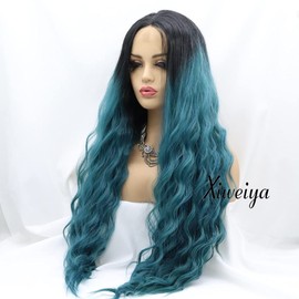 Xiweiya Deep Curly Hair Long Ombre Dark Blue Green Wavy with Black Roots Wig Synthetic Lace Front Wigs Middle Part Wig Long Soft Wig Hair Replacement Wig for Women, Drag Queen Makeup 24 inch