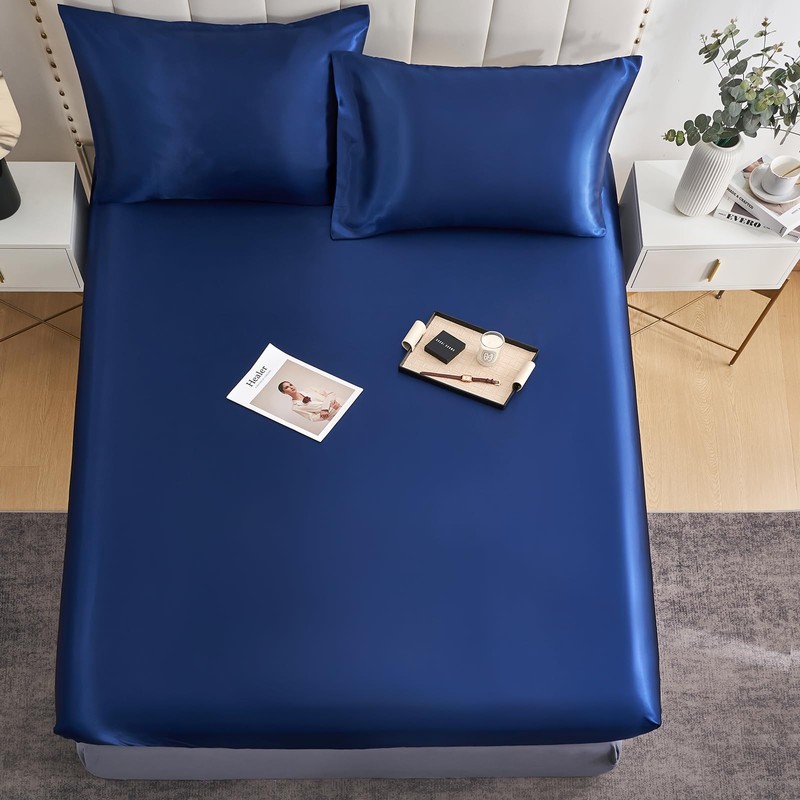 DuShow Satin Fitted Sheet King Navy Blue,Silky Deep Pocket Satin