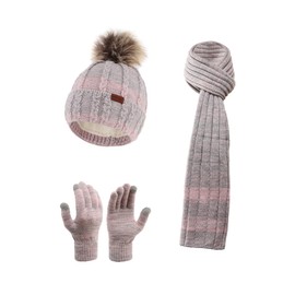 3 Pieces Winter Knit Beanie Hat Warm Scarf and Touch Screen Gloves Set Warmer Gloves Set with Fleece Lined Gray Pink