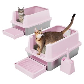 RIZZARI Stainless Steel Litter Box: Pink Leakproof Open Top Tray - Teflon Non-Stick Coating - Large Size Odor Control for Cats Under 20 lbs - with Deodorizer - 2 Pack - for Laundry Room Restroom
