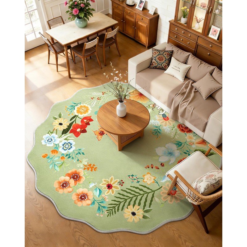 Carvapet 6ft Scalloped Green Round Rug - Sage Floral Washable