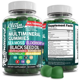 Clean Nutra Sea Moss Black Seed Oil Gummies with Ashwagandha, Elderberry, Burdock Root, Chlorella, Manuka Honey - Vegan Gummy Vitamins for Women Men:_CN-5 Bottles