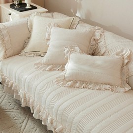 Leeva French Cottage Beige Quilted Couch Cover, Ruffle Lace Sofa Protector & Slipcover for Living Room Neutral Cream Decor, Cotton-Linen Furniture Pad, 35"x82"