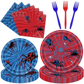 100 Pcs Spider Party Tableware Set – Disposable Red and Blue Plates, Napkins, and Forks with Spider and Web Designs for Halloween, Kids Birthday Parties, and School Celebrations – Serves 25 Guests