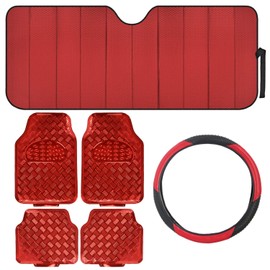 BDK 6-Piece Car Accessory Set, Heavy Duty Front & Rear Floor Mats, Front Windshield Sunshade, Sporty Ergonomic Steering Wheel Cover - Perfect Holiday Special Occasion Gift Set - Red Combo