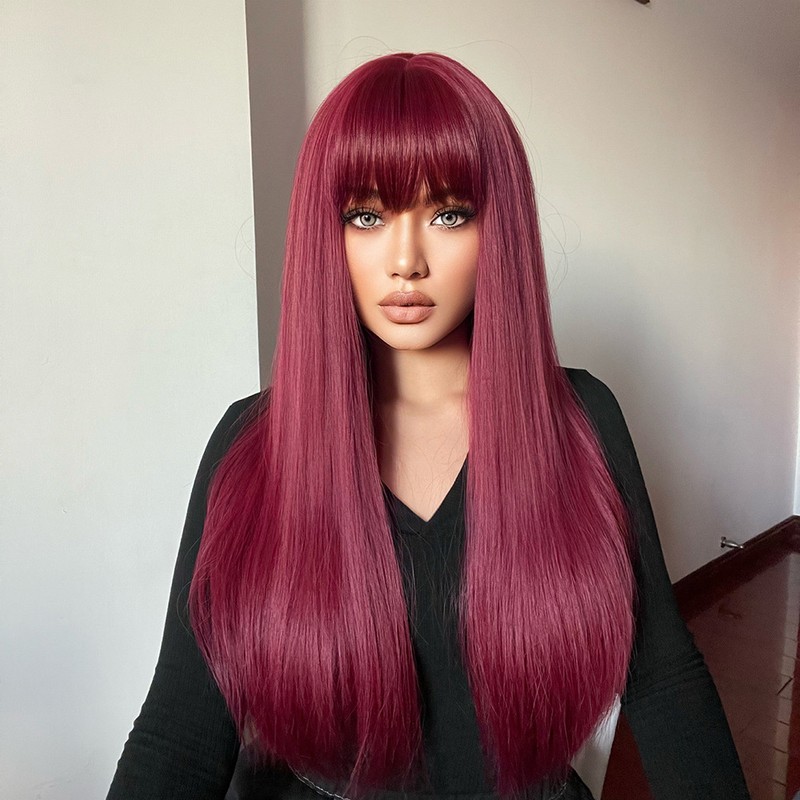 Long Black Wig Human Hair with Bangs and Wig Cap
