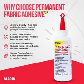 BEACON Fabri-Tac Premium Fabric Glue - Quick Drying, Crystal Clear, Permanent - for Fabrics, Canvas, Lace, Wood and More, 4-Ounce