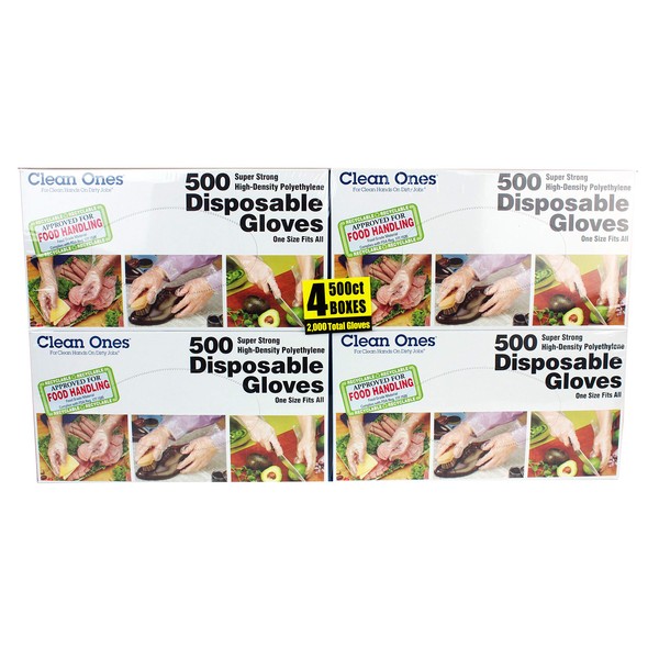 Clean Ones 2000-Count Disposable Food-Safe, One Size Poly Gloves, 500 Count (Pack of 4), Clear, 2000