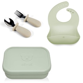 Ali+Oli Mealtime Bundle, Spoon & Fork Set (Khaki), Leak proof Bento Box (Pine), Food Grade Silicone Bib (Sage), All BPA-Free