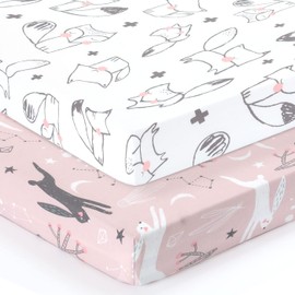 GRSSDER Stretchy Ultra Soft Jersey Knit Pack n Play Sheets Set 2 Pack, Portable/Mini Cribs Playard Sheets, Cute Foxes and Rabbits for Baby Girls and Boys Light Pink