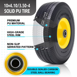 SIMEIQI 2Pack 10 x 4.10/3.50-4" Solid PU Run-Flat Tire Wheel with 5/8"Axle Bore Hole 2.24" Offset Hub Double-Sealed Ball Bearings for Wagons Wheelbarrows Hand Trucks