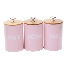 B Blesiya Rustic Feminine Food Storage Canister - Set of 3 Pink Zinc Alloy Canisters with Bamboo Lids - 9.5cm x 15.7cm (3.7in x 6.2in) - Air Tight, Durable, Reusable - For Tea, Coffee, Sugar, Spice