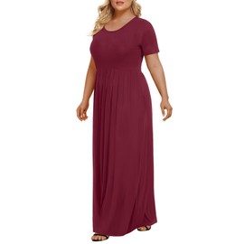 LONGYUAN 2025 Women Short Sleeve Dresses Casual Plus Size Maxi Long Dress Fashion Burgundy, 2XL