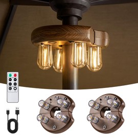 OPOIRA Dark Wood Grain Patio Umbrella Light with Remote Control, Rechargeable Cordless LED Edison Bulbs Pole Light with 10 Brightness Levels for Garden, Patio, Backyard, Camping or BBQ (2 Pack)