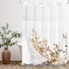 Tititex No Hooks Snap in Liner Tan Eucalyptus Leaves Shower Curtain Sets, Hotel Luxury Double Layers Waterproof Fabric & See-Through Top Window Bathroom Decorative 60x71 Inch