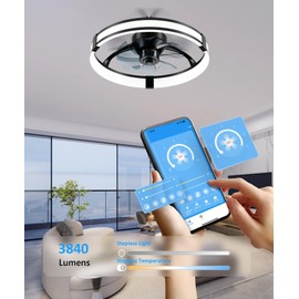 Aipsun Low Profile Ceiling Fans with Lights and Remote, 3000K-6500K Smart Bladeless LED Fan, 20" Black Modern Flush Mount Ceiling Fans with Lights for Bedroom