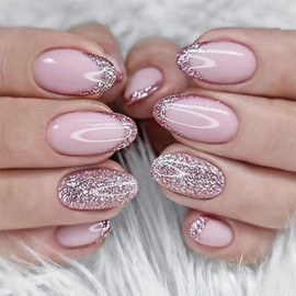 24pcs French Tip False Nails Short Oval Stick on Nails Glitter Pink Press on Nails Removable Glue-on Nails Full Cover Fake Nails Women Girls Nail Art Accessories