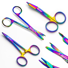 CynaMed Hemostat and Scissors Set (3-Piece) – Multicolor Titanium-Coated Suture Removal Scissors, Lister Bandage Scissors, and Hemostatic Forceps