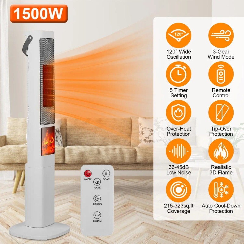 1500W Oscillating Ceramic Tower Space Heater 3D Flame Portable Electric