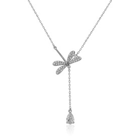 Silver Necklace for Women Dainty Dragonfly Pendant Gold Necklace Minimalist Dragonfly Crystal Necklace Bug Stackable (Silver)