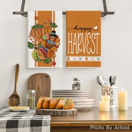Artoid Mode Stripe Leaves Pumpkin Turkey Thanksgiving Kitchen Towels Dish Towels, 18x26 Inch Farmhouse Holiday Thankful Decoration Cleaning Set of 4