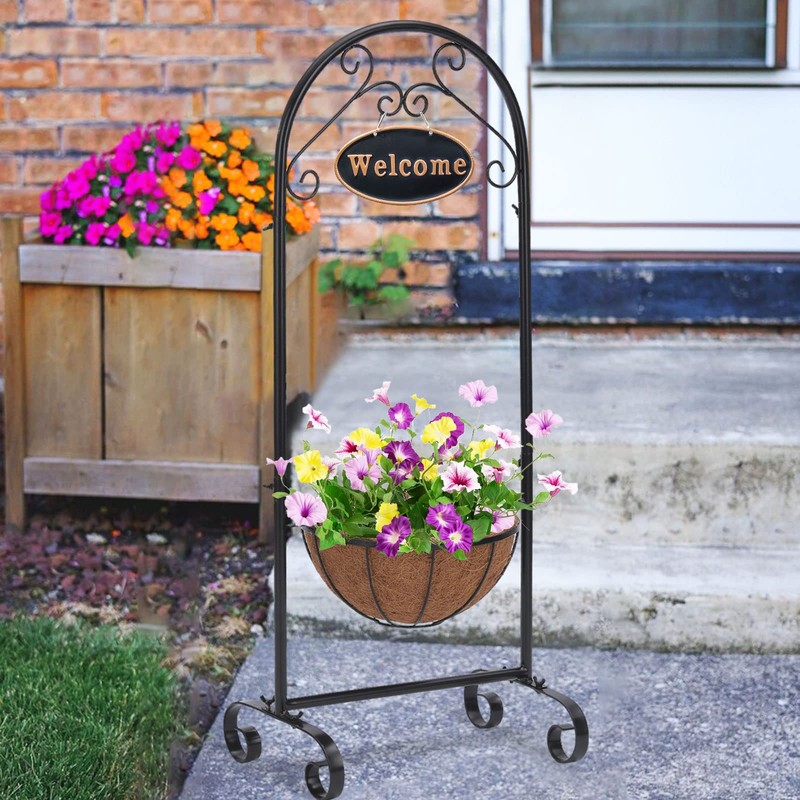 LEWIS&WAYNE 40’’ Tall Metal Welcome Planter Basket Stand with Coco
