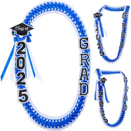 Hotop Grad Leis Class of 2025 Graduation Ribbon Double Braided Necklace Handmade Congrats Graduates Money Leis(Blue, White,1 Pcs)