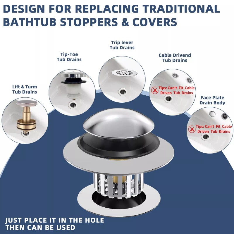 COVO Upgraded Silver Bathtub Drain Strainer Plug Tool-Free Installation 1.45-1.8