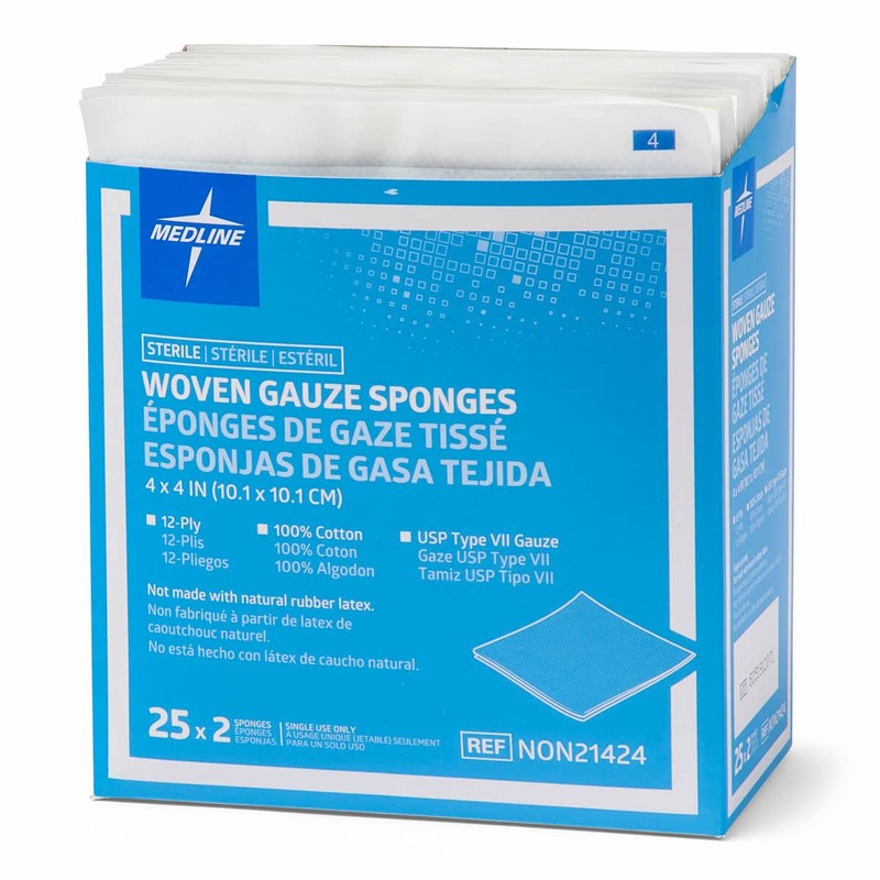 Medline Woven Gauze Sponges, Sterile, 12-Ply, 4 x 4 Inches,