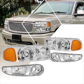 PM PERFORMOTOR [4Pcs-Set] Headlights Assembly+Signal Lamps Compatible with 01-07 GMC Sierra/Yukon Denali,Chrome Housing/Amber Corner