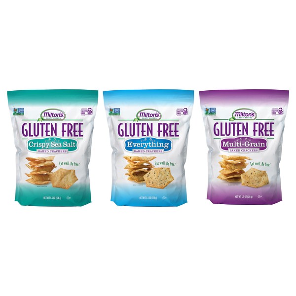Milton’s Gluten Free Crackers Variety Bundle (Crispy Sea Salt, Multi-Grain, Everything) - Baked Crackers, Non-GMO Project Verified, Kosher, Whole Grain, Certified Gluten Free - 4.5 Oz Each, Pack of 3