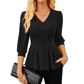 GRACE KARIN Women's Pleated V-Neck Sweater with 3/4 Sleeves Solid Color Casual Work T-Shirt with Decorative Buttons Black L