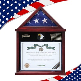 Flag Display Case Military Shadow Box Fits a Folded 3'x5' Army Navy Air Force Veterans Home Flown Flag with Certificate Document Holder Frame and Felt Lining for Badges and Medals, Mahogany Finish