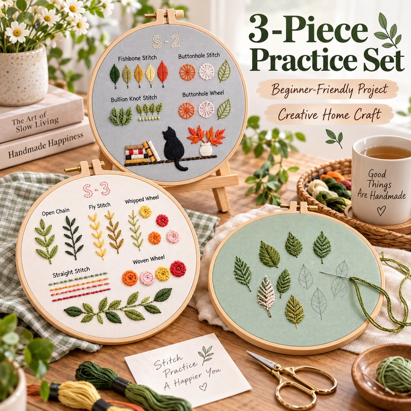 Embroidery Starter Kit for DIY Crafting – 3-Piece Cotton Leaf